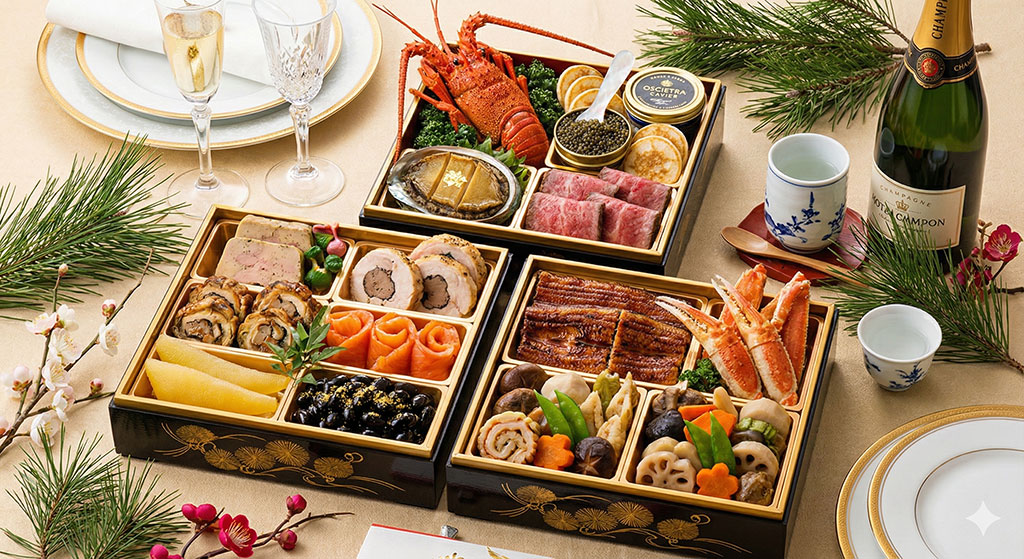 伊勢海老やキャビアなど高級食材が詰まった、定価17万円相当のプレミアムおせちのイメージ。