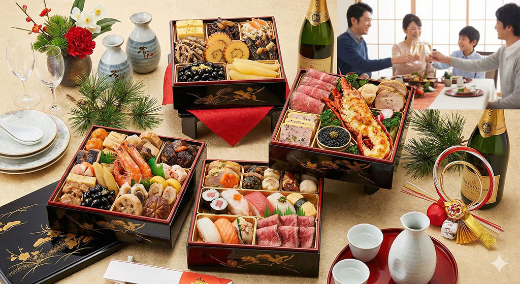 華やかに盛り付けられた和洋折衷の豪華なおせち料理の三段重。年末年始の特別な食卓を彩る様子。