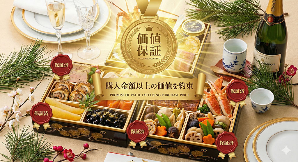 購入金額以上の価値が保証されていることを示す、おせちと保証イメージの視覚化。