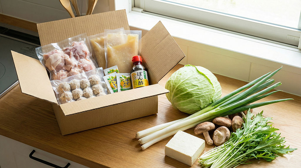 博多華味鳥の水炊き通販セット（冷凍品）と、別途用意すべきキャベツ、ネギ、豆腐などの追加具材を並べた写真。