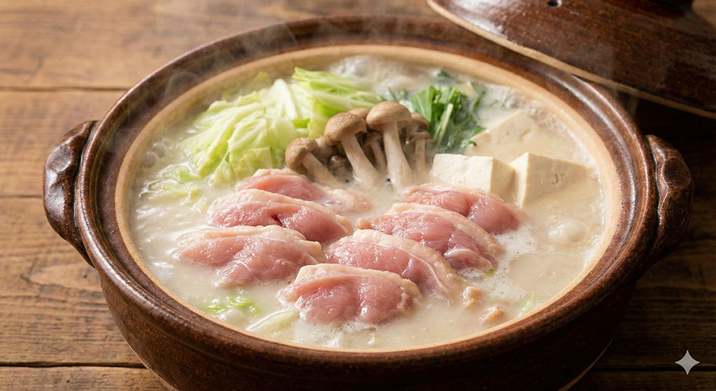 濃厚な白濁スープと新鮮な華味鳥の切り身が入った博多華味鳥の水炊き（もつ鍋）のクローズアップ写真。