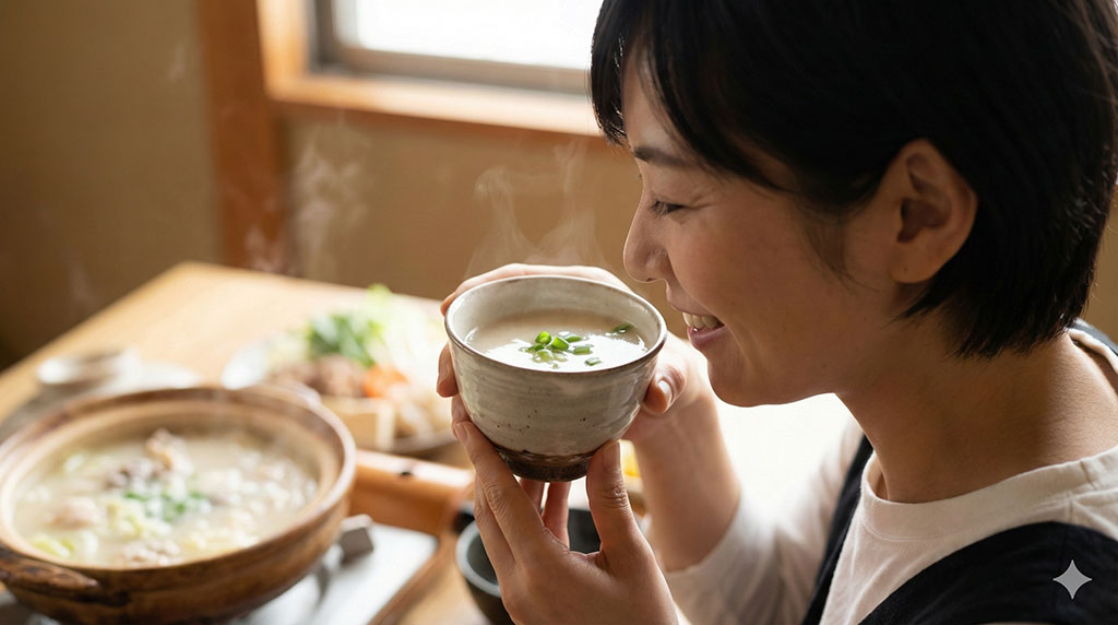 具材を入れる前に、湯呑みに注いだ水炊きの濃厚な白濁スープを博多流で最初に味わっている様子。