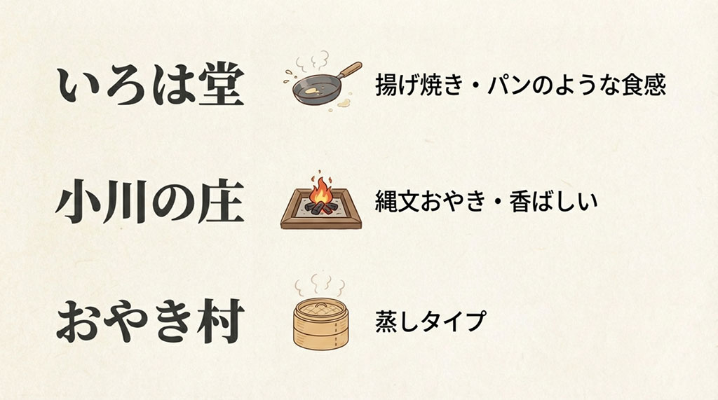 いろは堂、小川の庄、おやき村など、有名店の製法や食感の違いを比較したイラスト。