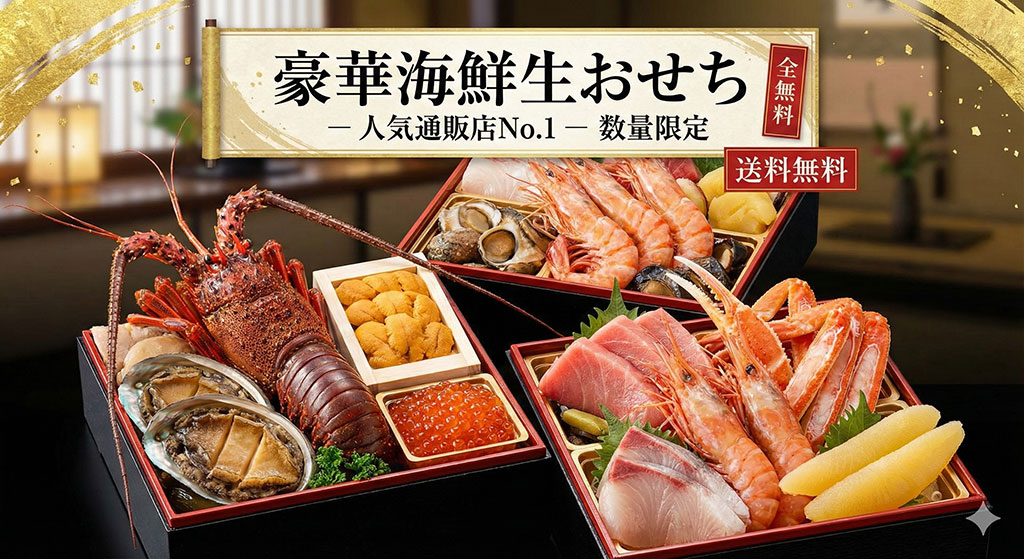 海鮮食材をふんだんに使った豪華なおせち料理。人気通販店の商品イメージ。
