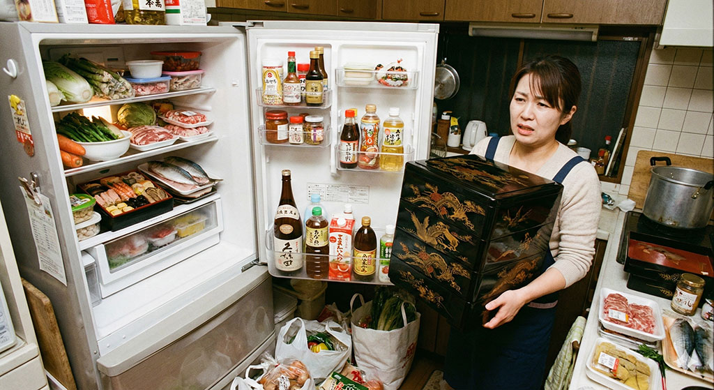 年末の食材でいっぱいの冷蔵庫に、大きなおせちの箱を入れるスペースがなく困っている様子。