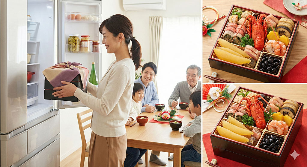 解凍の手間がなく、冷蔵庫から出してすぐに食べられる冷蔵(生)おせちの利便性。