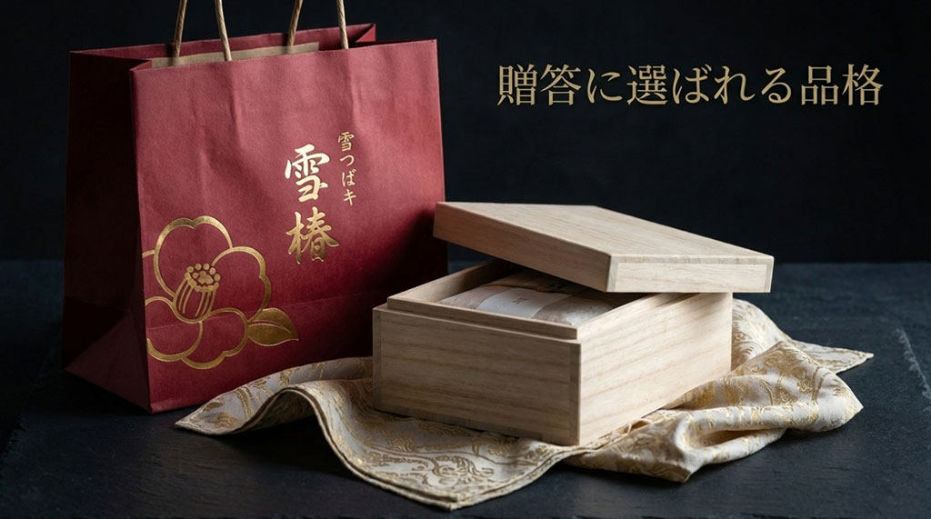 贈答品・ギフトとして選ばれる雪椿の品格を表現した画像