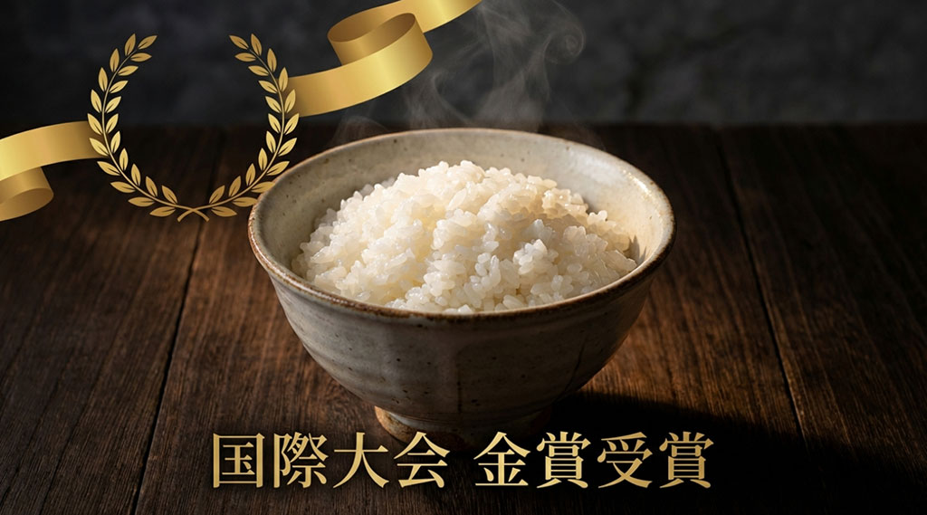 米・食味分析鑑定コンクール国際大会での金賞受賞を伝える画像