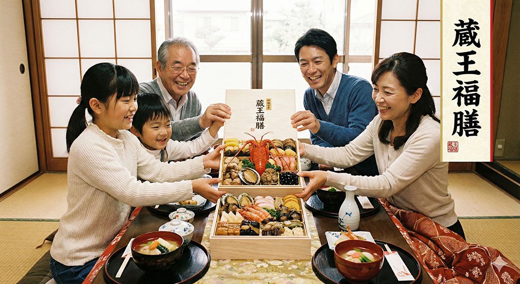 日本の家族が新年の食卓で豪華な蔵王福膳のおせちを囲み、笑顔で開封する様子。