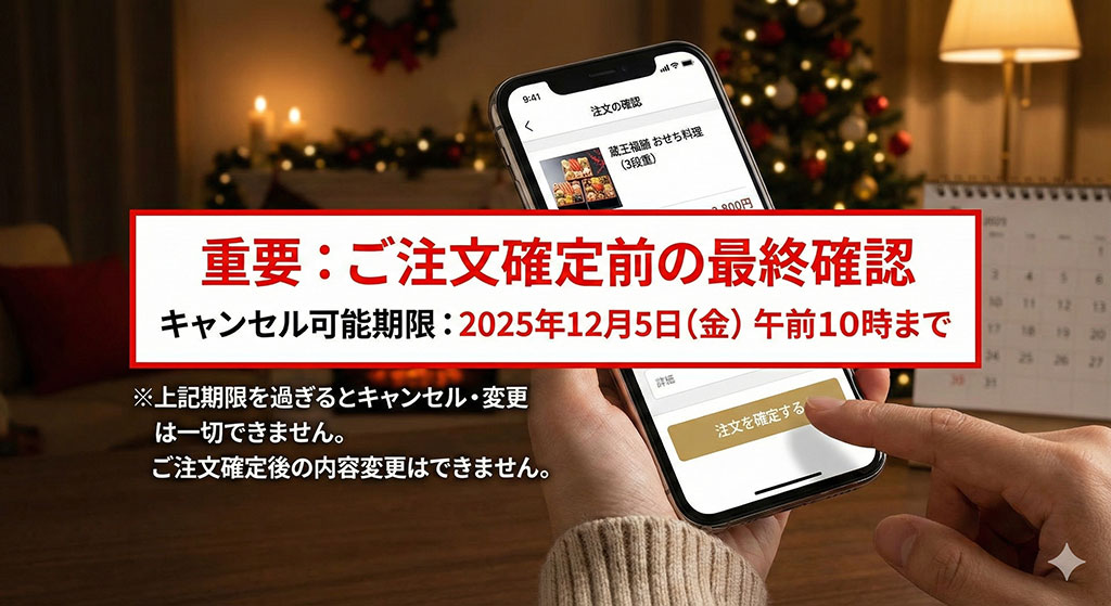 おせちの注文確定前に、キャンセルや変更不可の注意点を最終確認している様子。