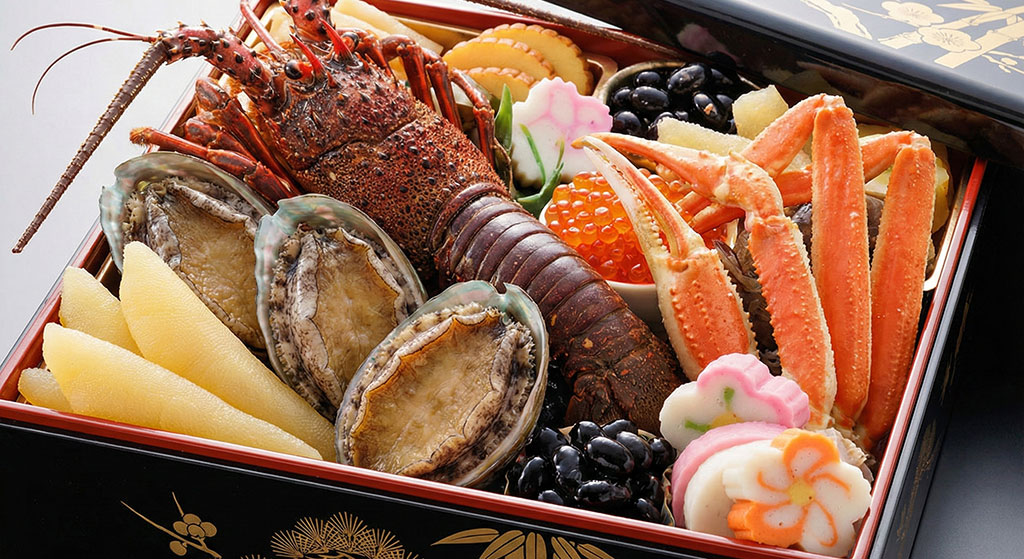 蟹やアワビなど高級食材が詰まった、横幅約25.5cmの特大8.5寸の豪華なおせち重箱のクローズアップ。