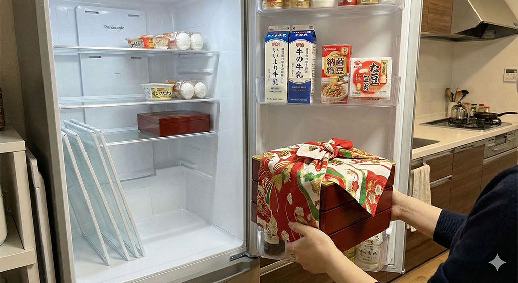 おせちの解凍のために、冷蔵庫の中の棚板を外して十分なスペースを確保している様子。