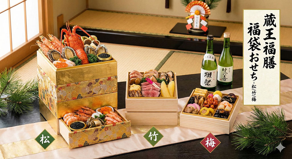 蔵王福膳の福袋おせちの「松」「竹」「梅」の3ランクを比較した、異なるサイズの豪華なお重箱のイメージ。