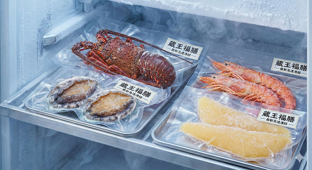 最新の急速凍結技術で鮮度を保たれた、冷凍状態の蔵王福膳のおせち料理の食材のイメージ。